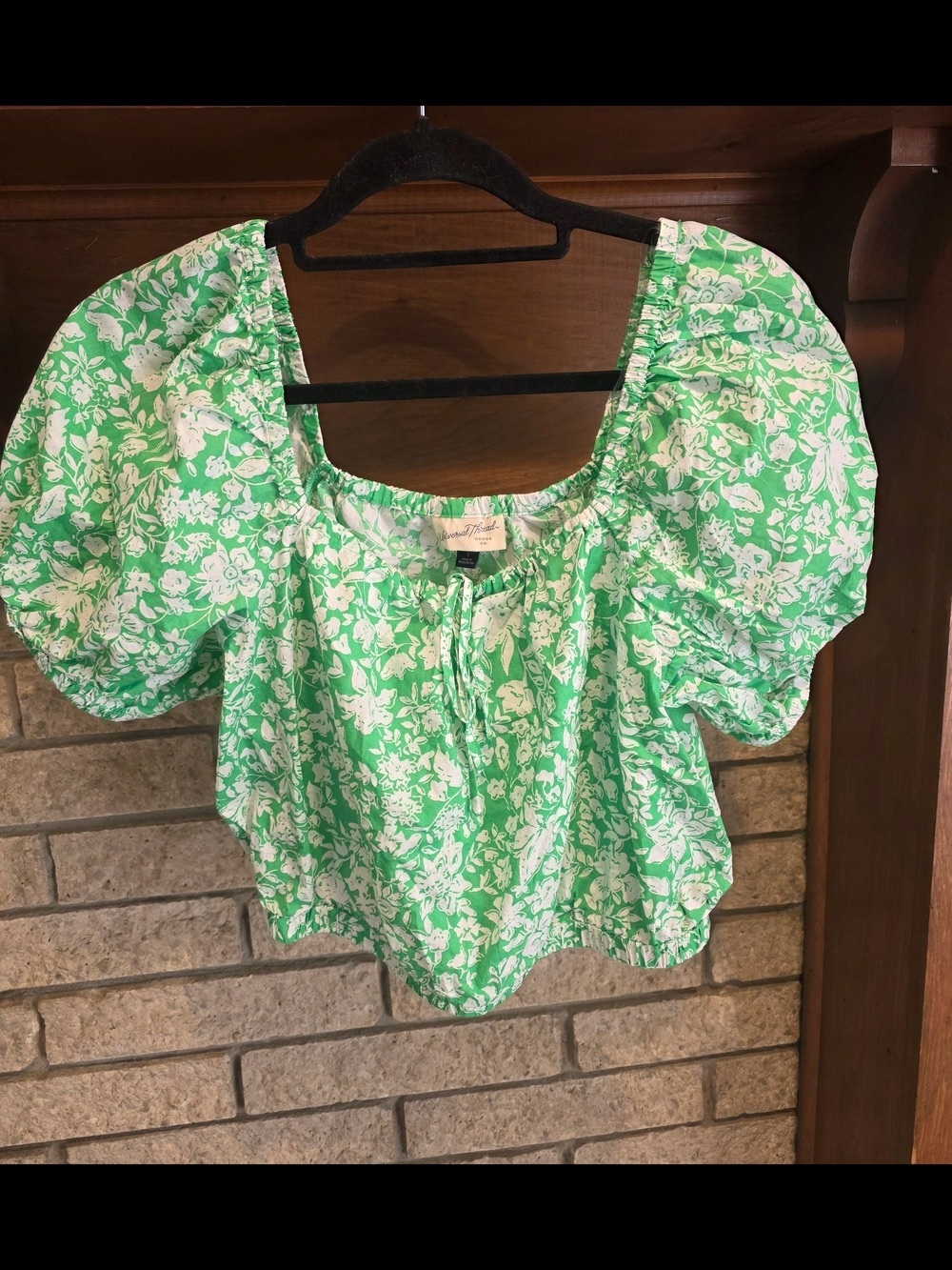 Green Floral Puff-Sleeve Peasant Top